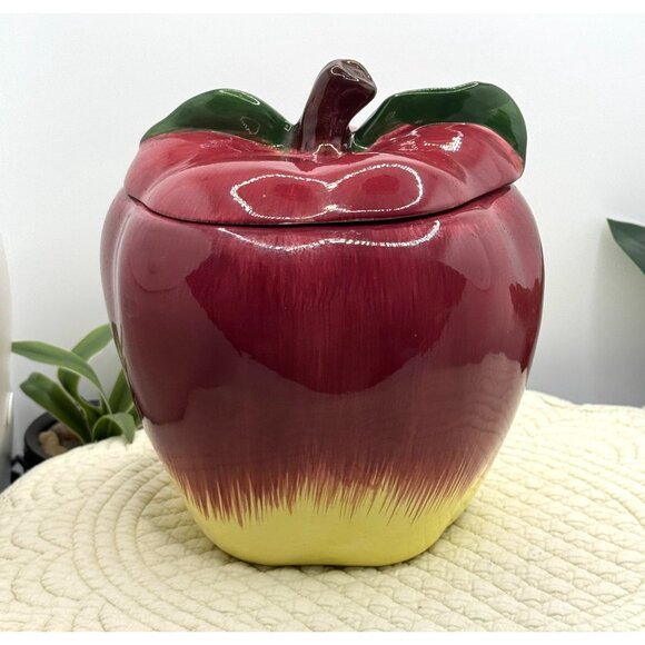 Ceramic Red Apple Cookie Jar With Lid - Hand-Painted Design Made In China - Picture 2 of 9